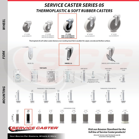 Service Caster 3 Inch Thermoplastic Wheel 7/8 Inch Expanding Stem Caster Set with 2 Brakes SCC-EX05S310-TPRS-78-2-SLB-2